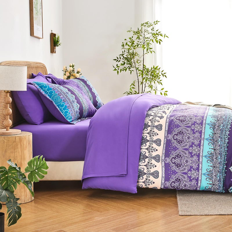 LXWORX Boho Comforter Set King Size Purple - 7 Pieces Bohemian Floral Striped Comforter and Sheet Set, Lightweight Bed in a Bag Complete Bedding Sets King Size for All Season (Purple,King) - Image 5