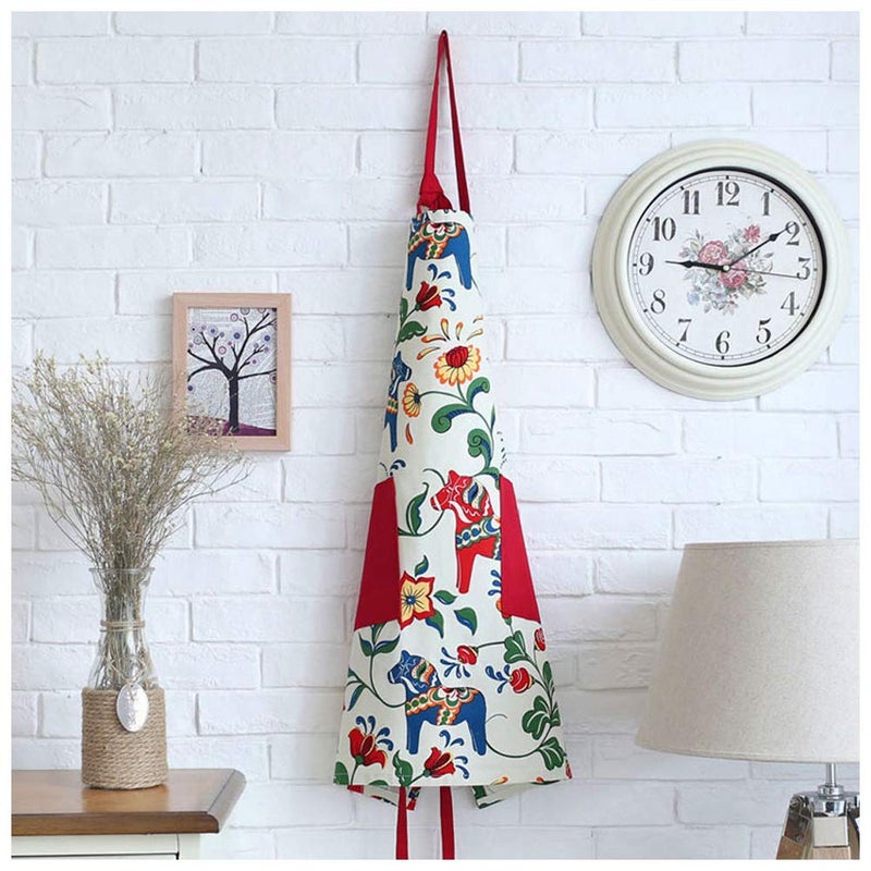 Love Potato Cute Cartoon Dala Horse Design Adjustable Kitchen Cooking Apron for Women with 2 Pockets, Red