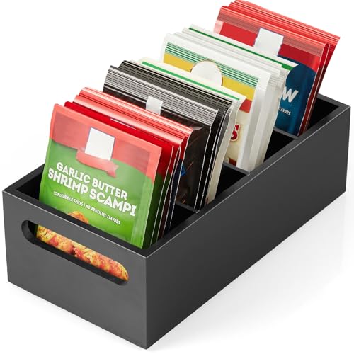 DRASTAR Pantry Organization and Storage Bins, Seasoning Packet Organizer with Removable Dividers,Wooden Storage Caddy for Kitchen, Pantry, Cabinet, Countertop, Black - Image 1