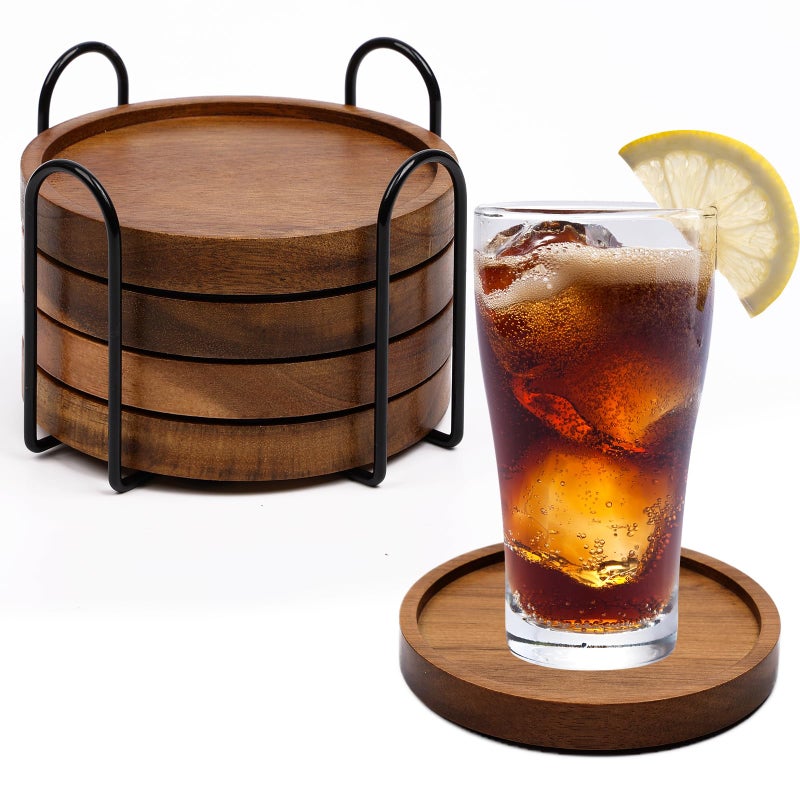 Mckanti 4 Pcs Wood Coasters for Drinks Absorbent, Wooden Coasters with Holder, Drink Coasters for Coffee Table, Absorbent Coaster Set for Table Protection Drink Coasters for Farmhouse, Office, Bar - Image 1