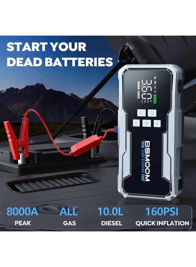 BSMOOM 8000A Jump Starter with Air Compressor,26800mAh 160PSI Portable Jump Starter Battery Pack (All Gas/12L Diesel) Car Battery Jumper Starter Portable Jumper Cables with 3.4" LCD Display, Lights - Image 2