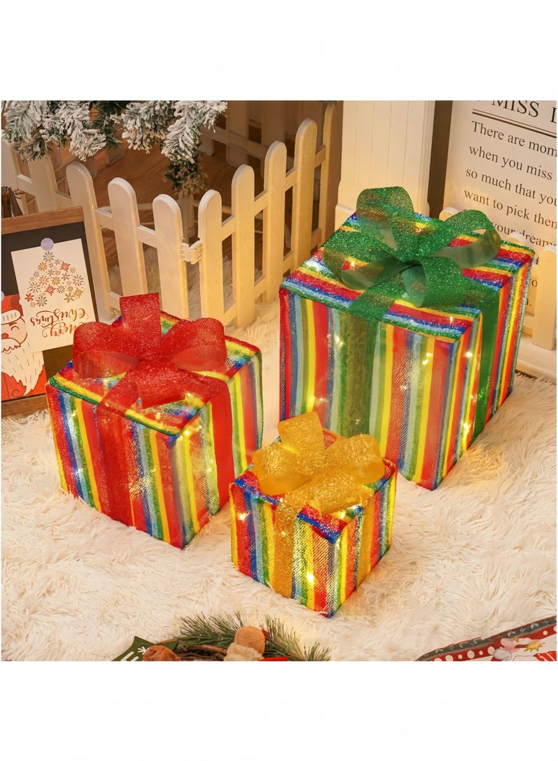 CCOVERY Christmas Lighted Gift Boxes with Remote Control, 3 PCS Christmas Light-Up Presents Box with Bows Christmas Tree Skirt Ornament for Holiday Party Christmas New Year Home Yard (Rainbow) - Image 1