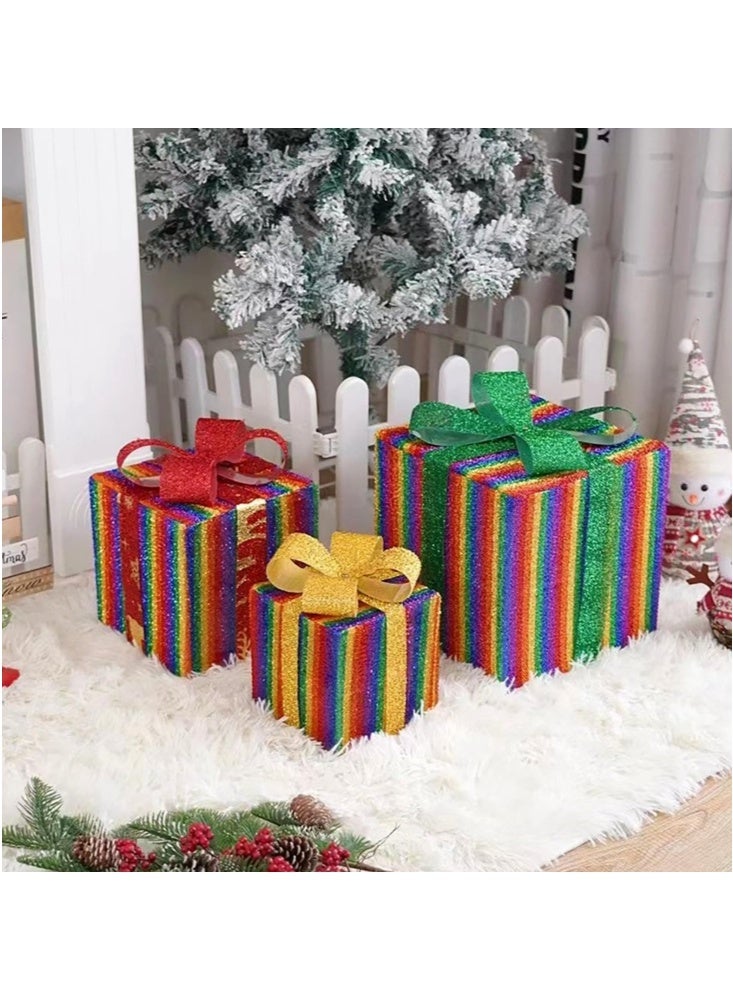 CCOVERY Christmas Lighted Gift Boxes with Remote Control, 3 PCS Christmas Light-Up Presents Box with Bows Christmas Tree Skirt Ornament for Holiday Party Christmas New Year Home Yard (Rainbow) - Image 2