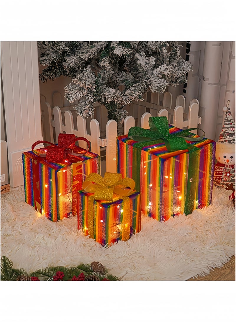 CCOVERY Christmas Lighted Gift Boxes with Remote Control, 3 PCS Christmas Light-Up Presents Box with Bows Christmas Tree Skirt Ornament for Holiday Party Christmas New Year Home Yard (Rainbow) - Image 3