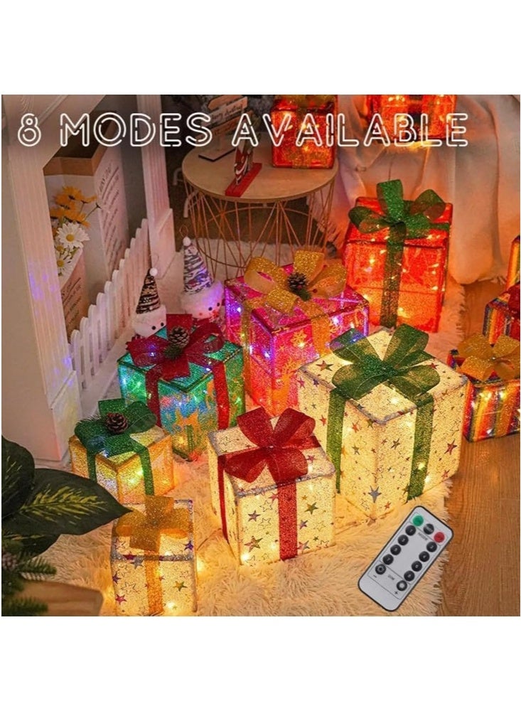CCOVERY Christmas Lighted Gift Boxes with Remote Control, 3 PCS Christmas Light-Up Presents Box with Bows Christmas Tree Skirt Ornament for Holiday Party Christmas New Year Home Yard (Rainbow) - Image 5