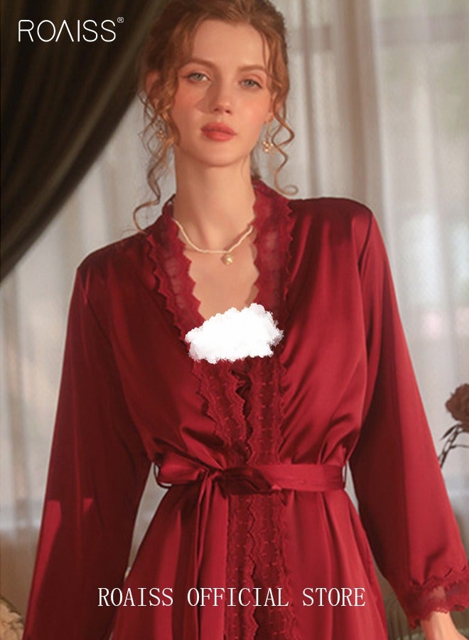 roaiss 2 Piece Nightgown Set Women Sweet Halter Nightdress Lace Lingerie Sleepwear Home Dress Set Romantic Elegant Pajamas Ladies Spring Autumn Robe Loungewear  - Image 2