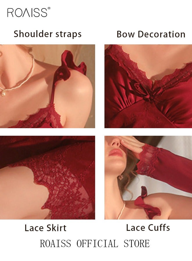 roaiss 2 Piece Nightgown Set Women Sweet Halter Nightdress Lace Lingerie Sleepwear Home Dress Set Romantic Elegant Pajamas Ladies Spring Autumn Robe Loungewear  - Image 3