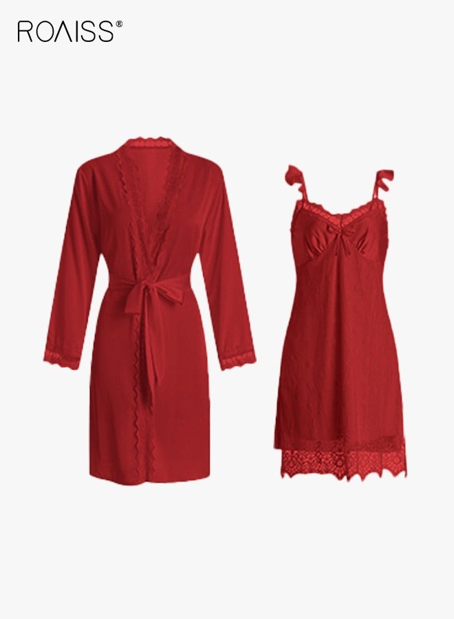 roaiss 2 Piece Nightgown Set Women Sweet Halter Nightdress Lace Lingerie Sleepwear Home Dress Set Romantic Elegant Pajamas Ladies Spring Autumn Robe Loungewear  - Image 1