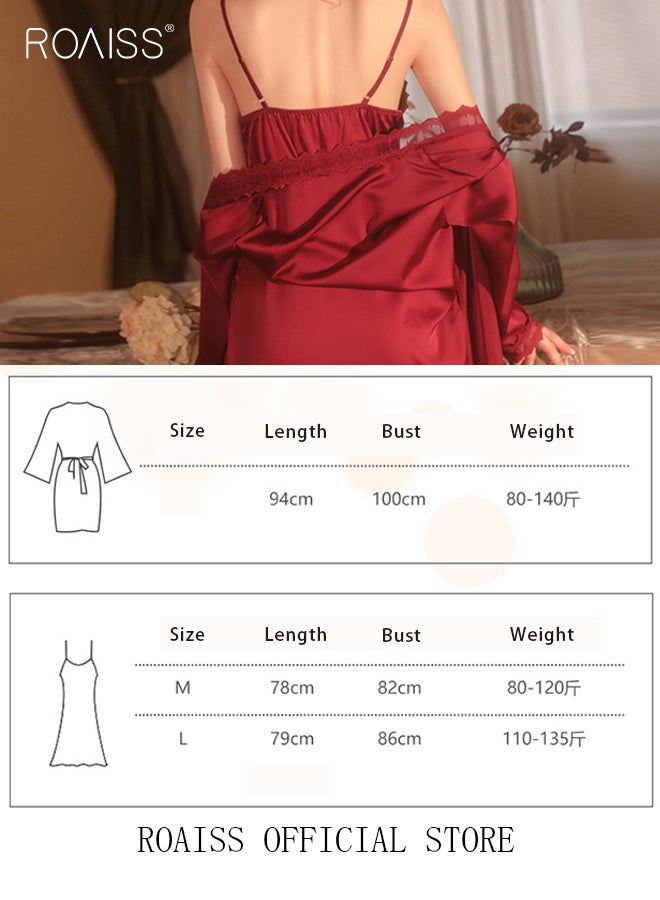 roaiss 2 Piece Nightgown Set Women Sweet Halter Nightdress Lace Lingerie Sleepwear Home Dress Set Romantic Elegant Pajamas Ladies Spring Autumn Robe Loungewear  - Image 4