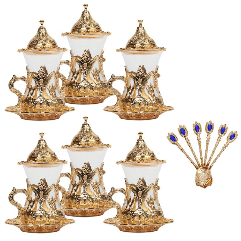 Alisveristime (Set Of 6 Handmade Turkish Tea Water Zamzam Serving Set Glasses Saucer (Gold) - Image 1
