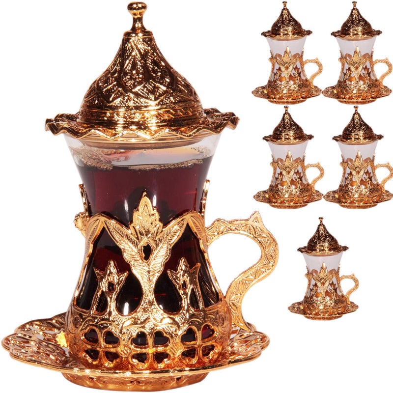 Alisveristime (Set Of 6 Handmade Turkish Tea Water Zamzam Serving Set Glasses Saucer (Gold) - Image 5