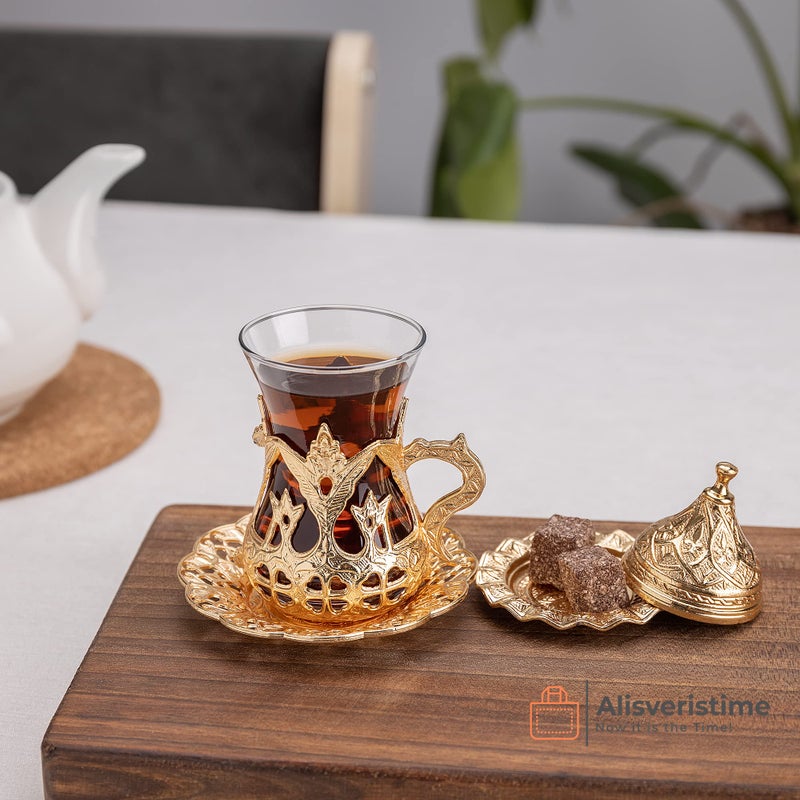 Alisveristime (Set Of 6 Handmade Turkish Tea Water Zamzam Serving Set Glasses Saucer (Gold) - Image 3