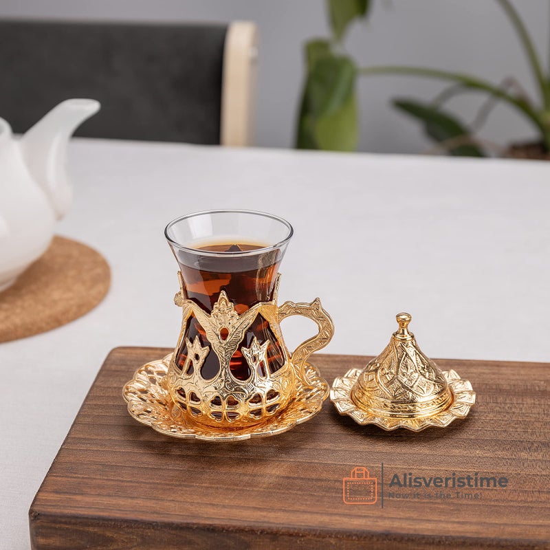 Alisveristime (Set Of 6 Handmade Turkish Tea Water Zamzam Serving Set Glasses Saucer (Gold) - Image 2