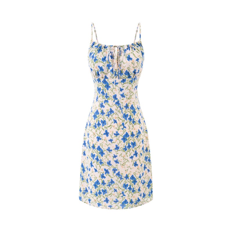 Blue Butterfly Floral Print Bodycon Dress - Image 1