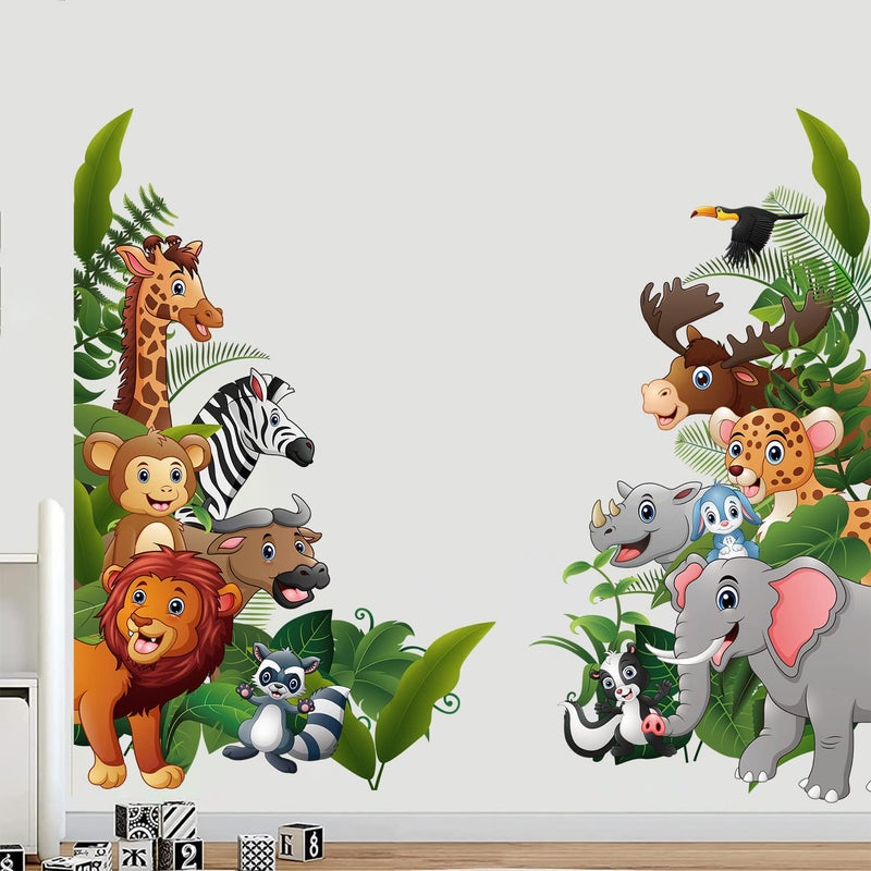 Supzone Jungle Animal Wall Stickers Cartoon Animal Wall Decal Elephant Monkey Giraffe Lion Wall Decor DIY Vinyl Mural Art for Kids Baby Nursery Bedroom Living Room Playroom