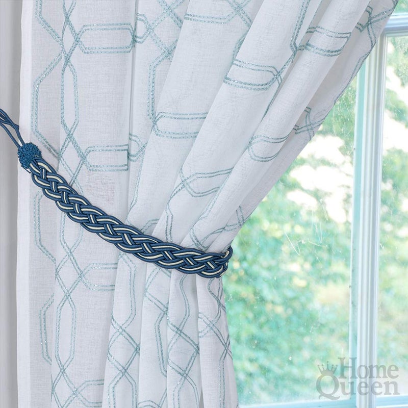 Home Queen Handwoven Rope Curtain Tiebacks for Drapes, 2 Pack Rope Holdbacks with Hooks, 23 Inch Long Polyester and Cotton Braided Tie Backs for Thick and Sheer Curtains,Navy and Silver - Image 3