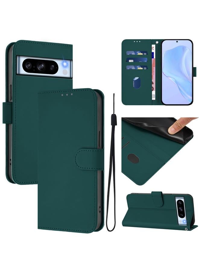 Green Tiger Case For Google Pixel 8 Pro Skin Feel Solid Color Leather Phone Case with Lanyard - Image 1
