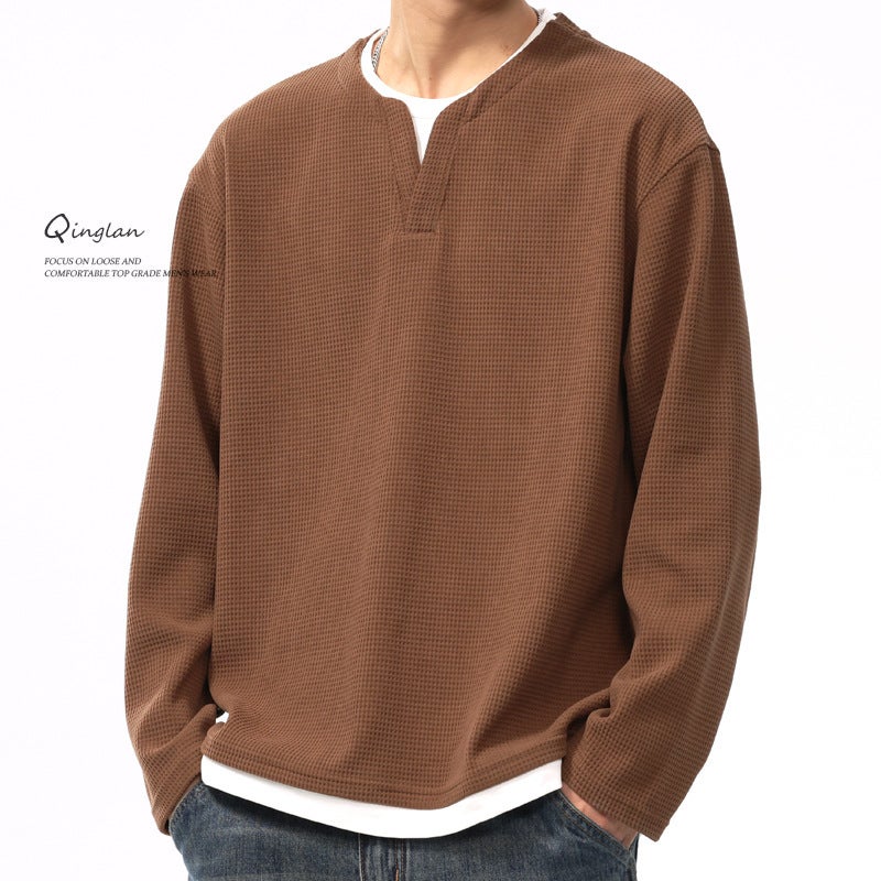 Heavy Fake Two-Piece Long-Sleeved T-Shirt Men'S Loose Casual Top Fleece-Lined Thickened Trendy Brand Plus Size Base Shirt - Image 1