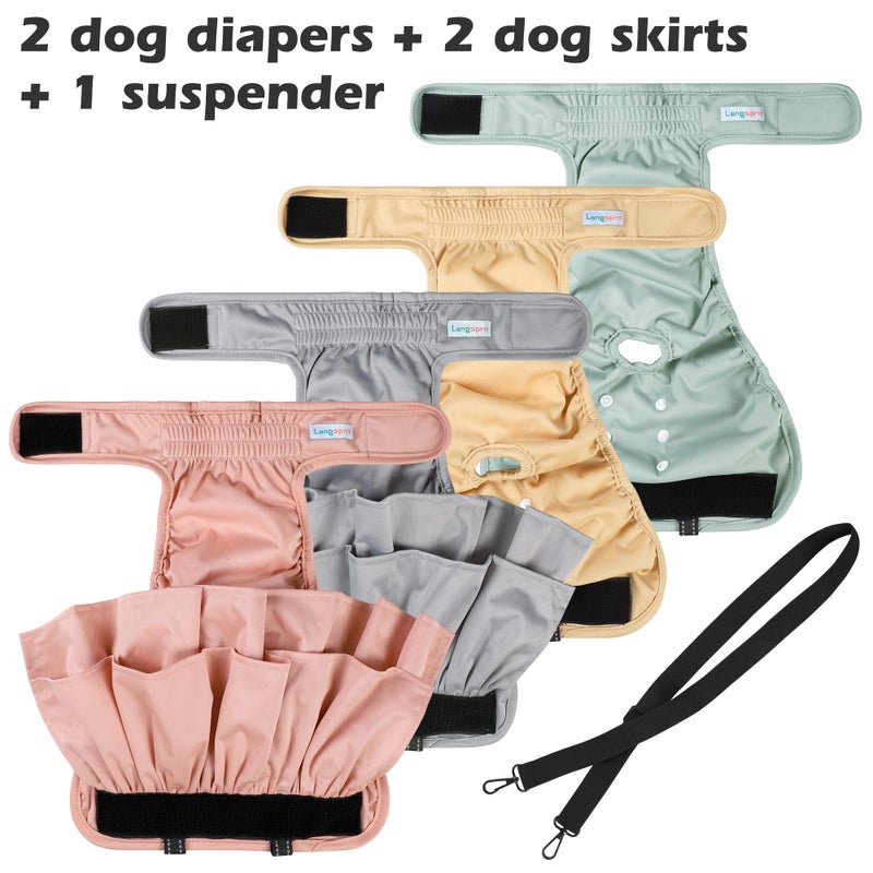 Langsprit Washable Female Dog Diapers (4 Pack+1 Suspenders), Reusable Female Girl Doggy Doggie Puppy Wraps Panties Belly Band for Pet Heat Period Pooping Peeing Potty Training Incontinence Marking Medium - Image 2