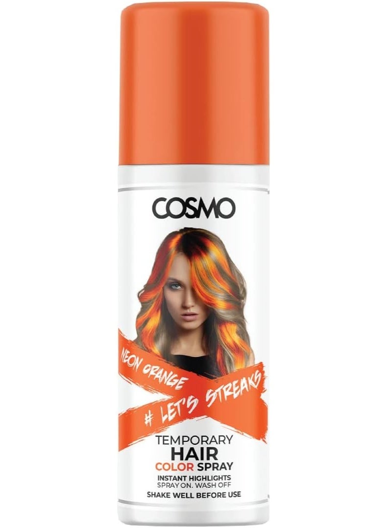 COSMO رذاذ لون الشعر المؤقت باللون البرتقالي النيون للجنسين 100 مل | مناسب لجميع أنواع الشعر | رذاذ لون | سهل الغسل | جمال | مظهر حفلات فني