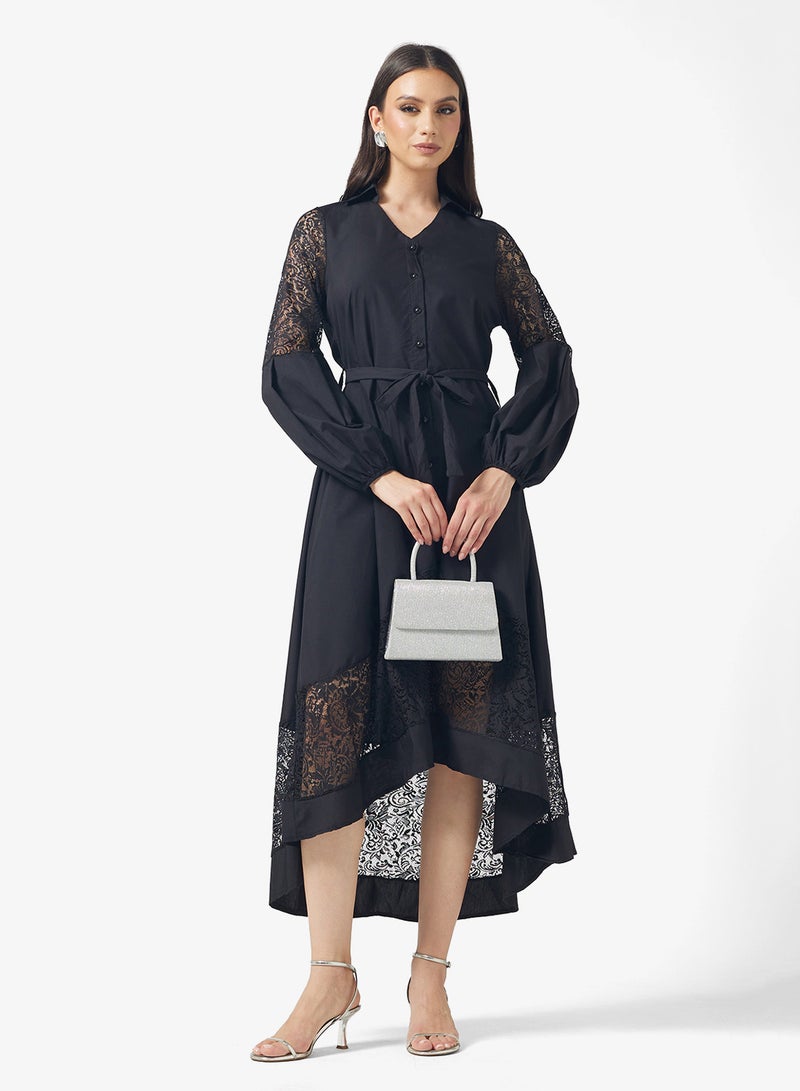 FYOR Elegant Black Lace Maxi Dress – Long Sleeves & Delicate Detailing - Image 1