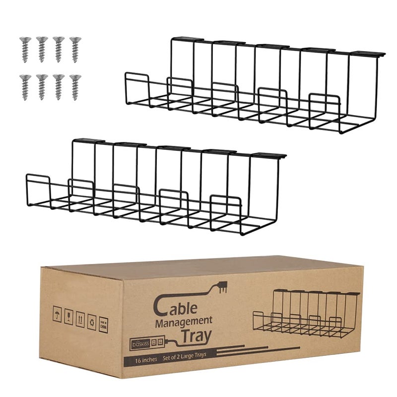 baskiss 2 Packs Cable Management Tray, 16" Under Desk Organizer for Wire Organization, Metal Holder for Desktop Computer Home Office Kitchen Workstation to Cover and Hide Power Strips (Black) - Image 1