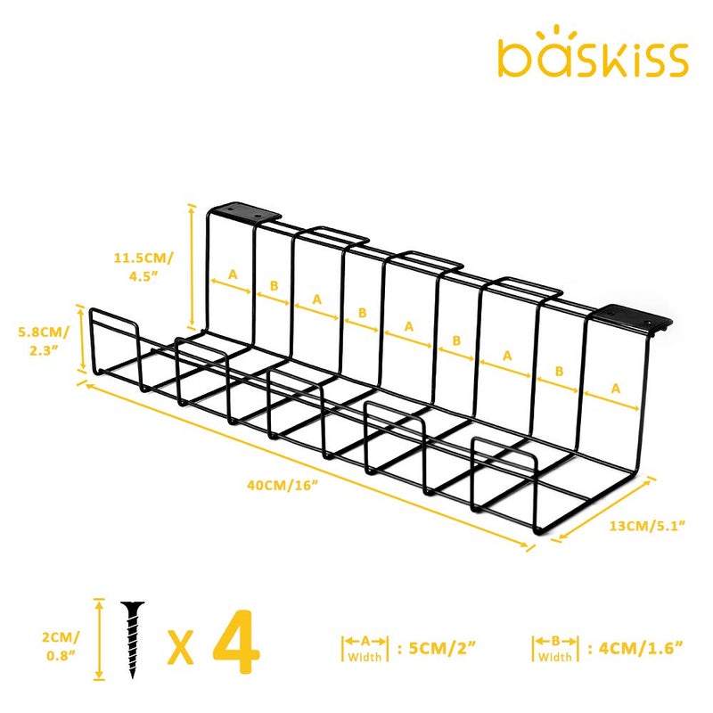 baskiss 2 Packs Cable Management Tray, 16" Under Desk Organizer for Wire Organization, Metal Holder for Desktop Computer Home Office Kitchen Workstation to Cover and Hide Power Strips (Black) - Image 4