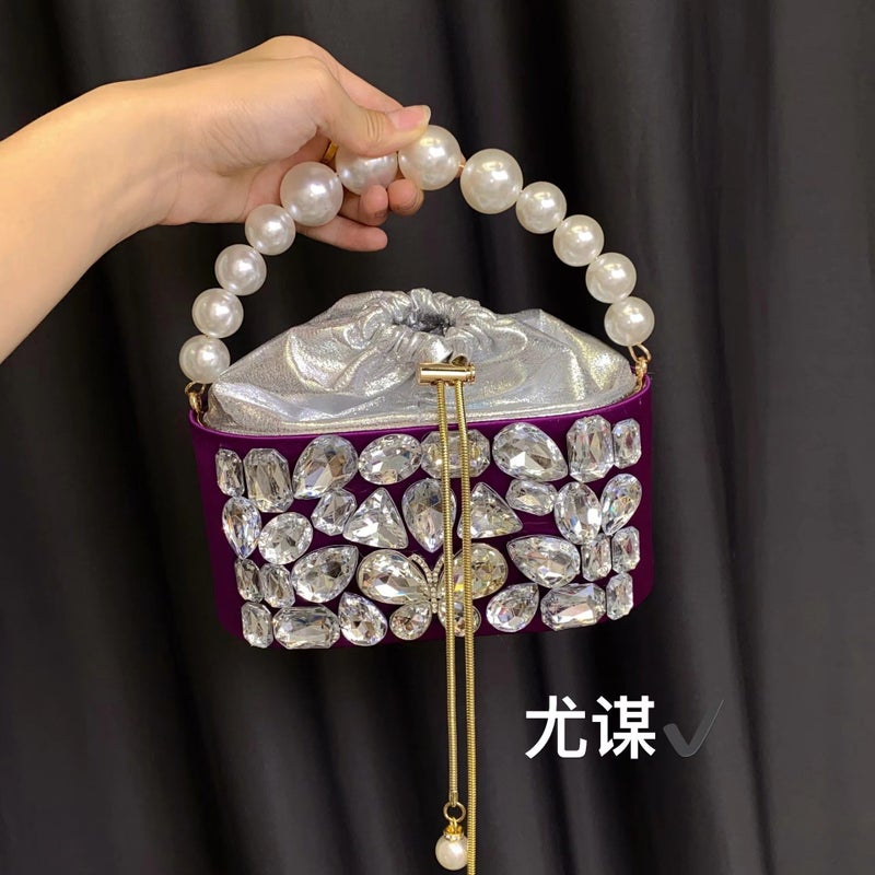 Dinner Gem Shiny Rhinestone Beaded Silk Satin Butterfly Birdcage Light Luxury Box Hand Crossbody Bag - Image 2