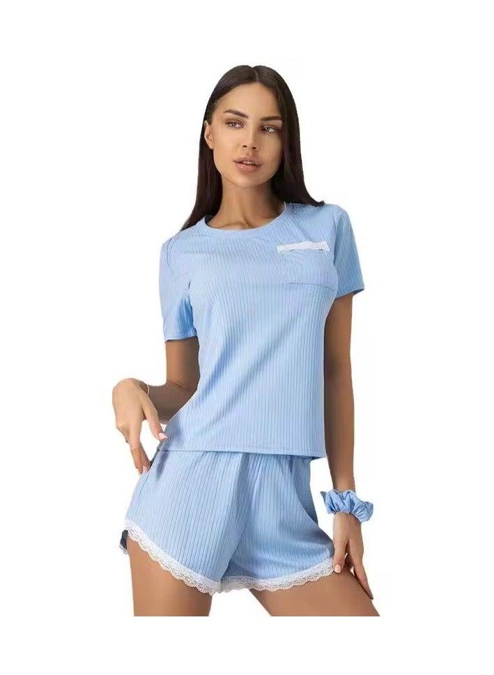 Women 2 Piece Ribbed Knit Pajama Set Short Sleeve Button Crop Top and Shorts Lounge Sweatsuits Sleepwear Nightwear For Women 
