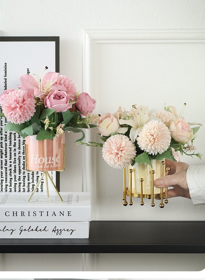 Nordic Electroplated Iron Vase Set with Minimalist Stand and Beige Ceramic Containers  - Image 4