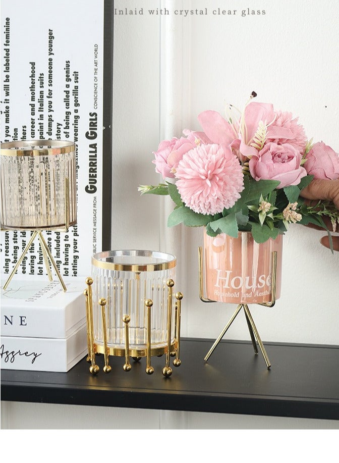 Nordic Electroplated Iron Vase Set with Minimalist Stand and Beige Ceramic Containers  - Image 5