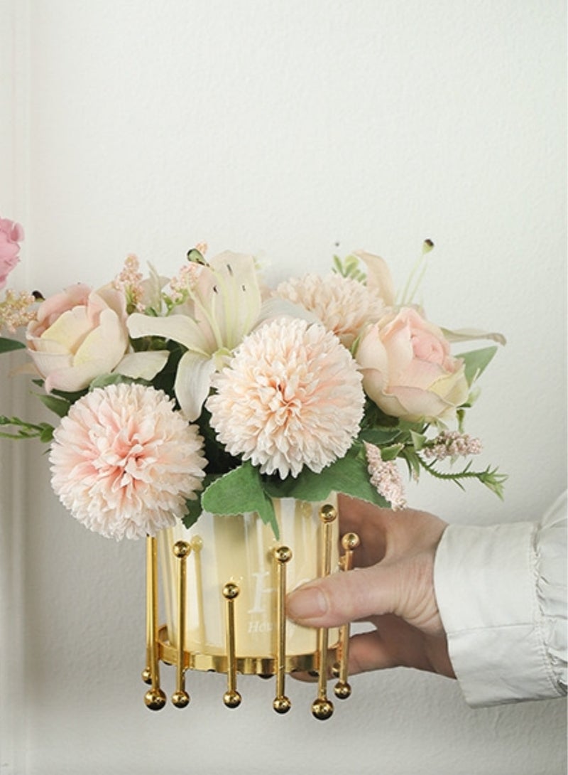 Nordic Electroplated Iron Vase Set with Minimalist Stand and Beige Ceramic Containers  - Image 1
