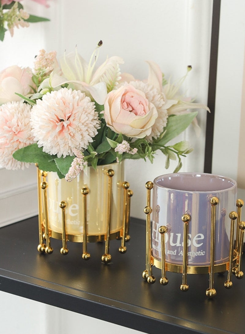 Nordic Electroplated Iron Vase Set with Minimalist Stand and Beige Ceramic Containers  - Image 3