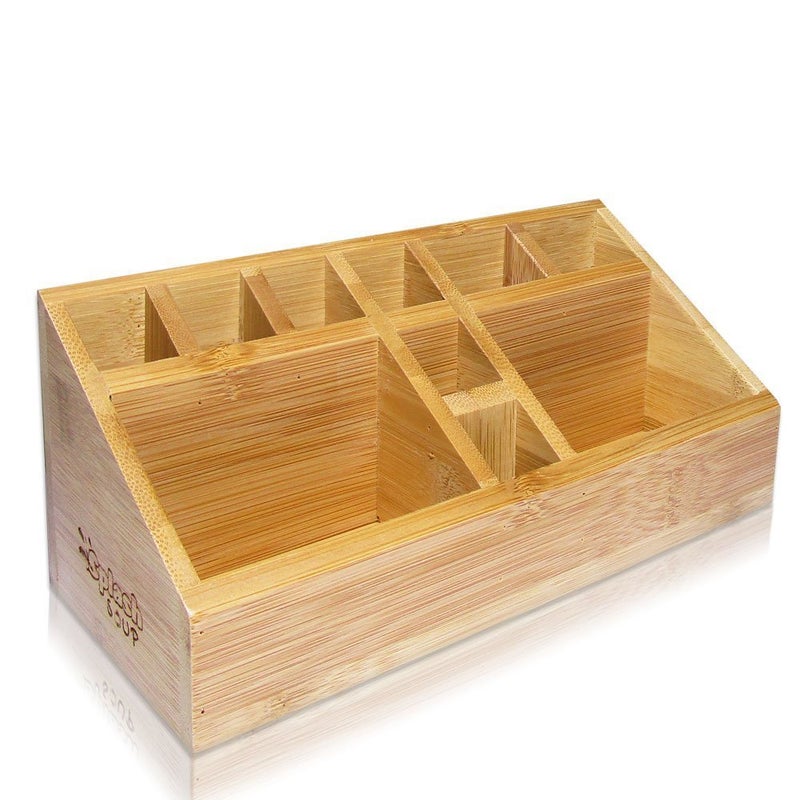 SplashSoup Small Multifunctional Bamboo Organizer Desk Caddy Home Office Accessory Tray School Art Supply Holder Pen Pencil Brush Compartment Kitchen Bathroom Countertop Storage - Image 2