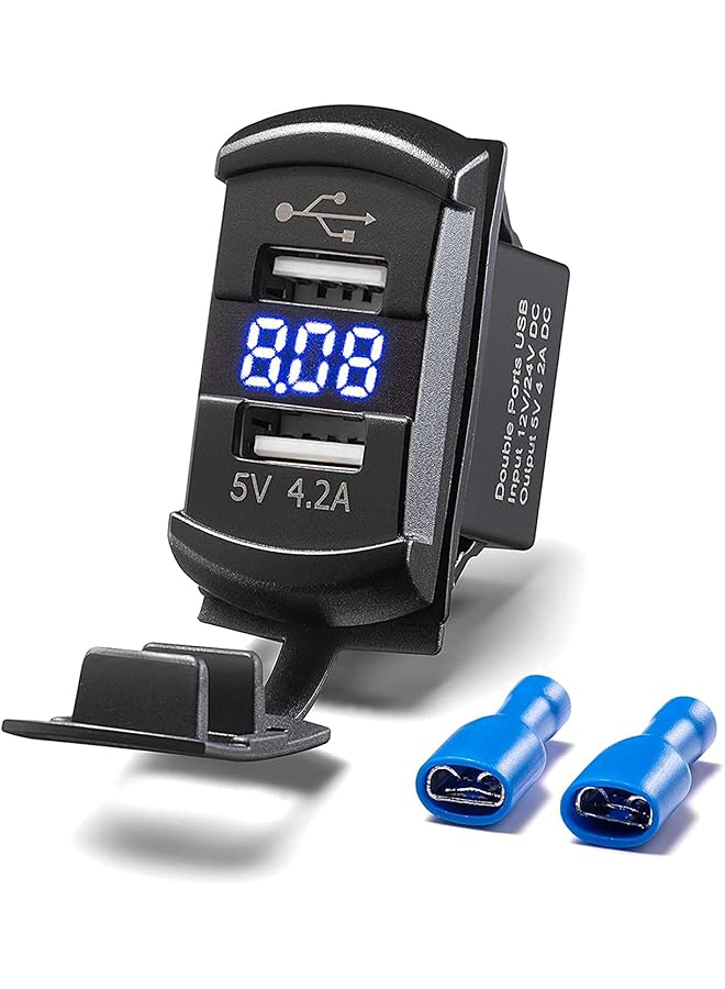 erorex Car Charger 4.2A Dual Usb Port Socket Rocker Style Adapter Socket And Waterproof Fast Charge Mount With Blue Led Digital Voltmeter For Rocker Marine Switch Panel On Boat RV Vehicle Ect