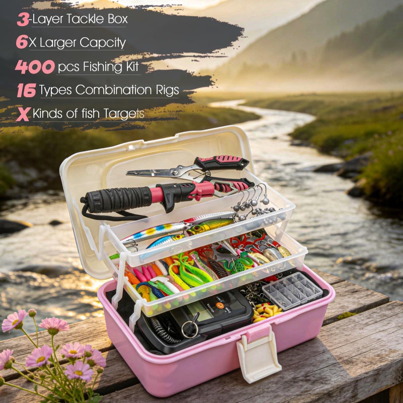 THKFISH 400PCS Fishing Lures Accessories Kit with Large 3-Layer Tackle Box Complete Freshwater Bass Fishing Gear Tools Set with Pliers, Fish Scale, Crankbait, Hooks, Weights Sinkers, Gift for Men - Image 2