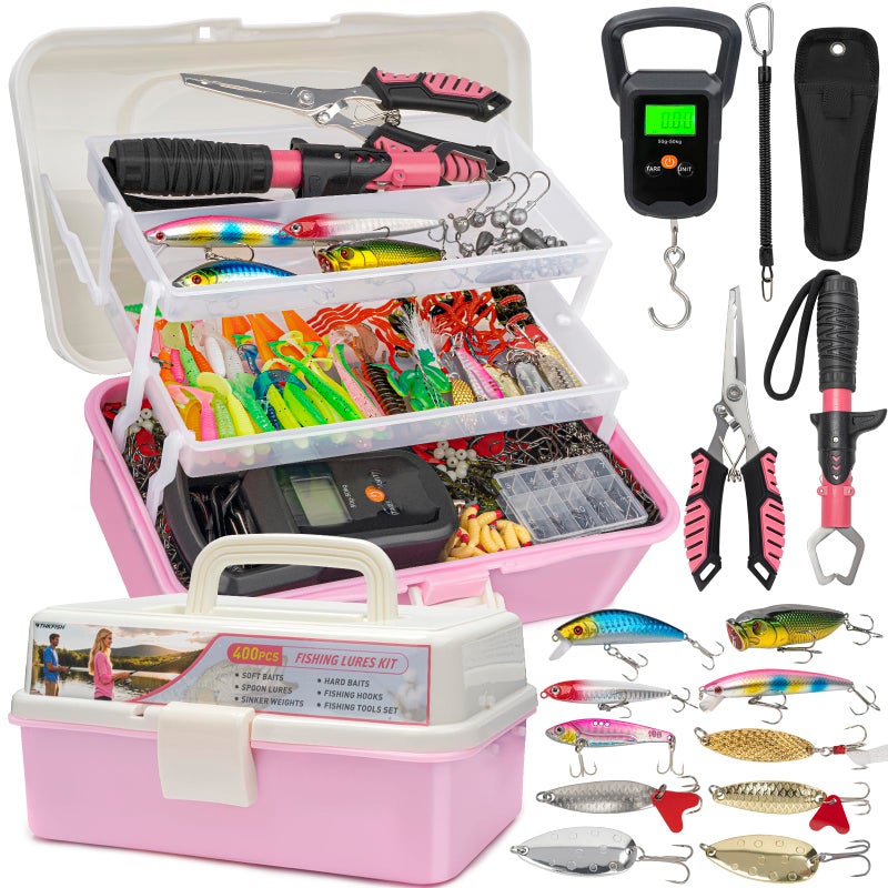 THKFISH 400PCS Fishing Lures Accessories Kit with Large 3-Layer Tackle Box Complete Freshwater Bass Fishing Gear Tools Set with Pliers, Fish Scale, Crankbait, Hooks, Weights Sinkers, Gift for Men - Image 1