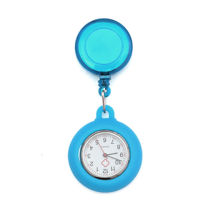 Easy pull button nurse watch hospital nurse portable hanging watch round dial luminous pointer retractable chest watch mens and womens pocket watch Light blue