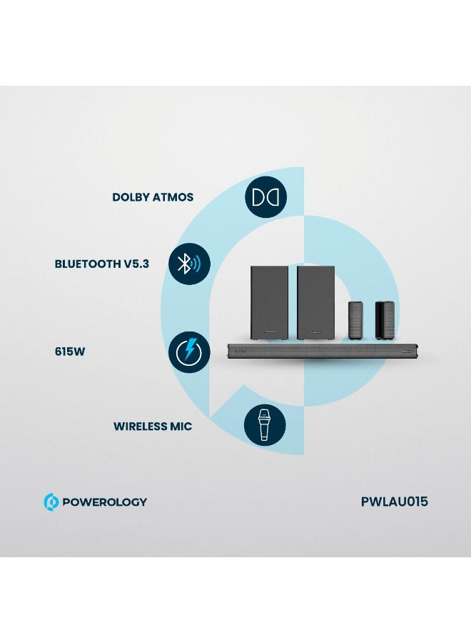 باورولوجي نظام مسرح منزلي لاسلكي من Powerology، طراز 5.2.4CH وبقدرة 615 واط، يدعم تقنية Dolby Atmos، مزود بمضخمي صوت مزدوجين وميكروفون لاسلكي. - Image 4