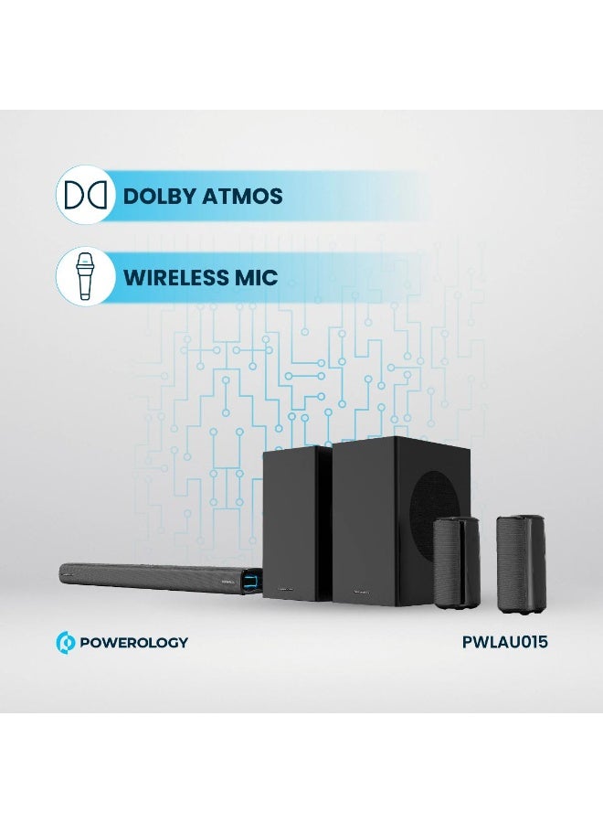 باورولوجي نظام مسرح منزلي لاسلكي من Powerology، طراز 5.2.4CH وبقدرة 615 واط، يدعم تقنية Dolby Atmos، مزود بمضخمي صوت مزدوجين وميكروفون لاسلكي. - Image 5