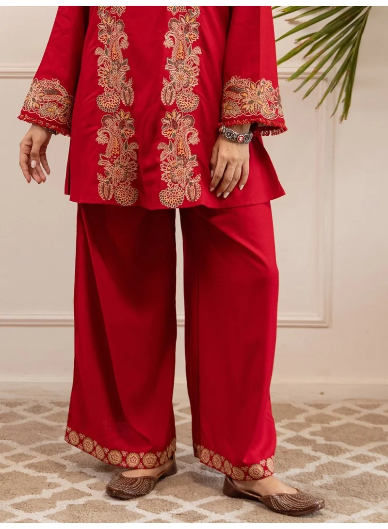 Ameya Red-embroidered-viscose-rayon-a-line-kurta-palazzo-set