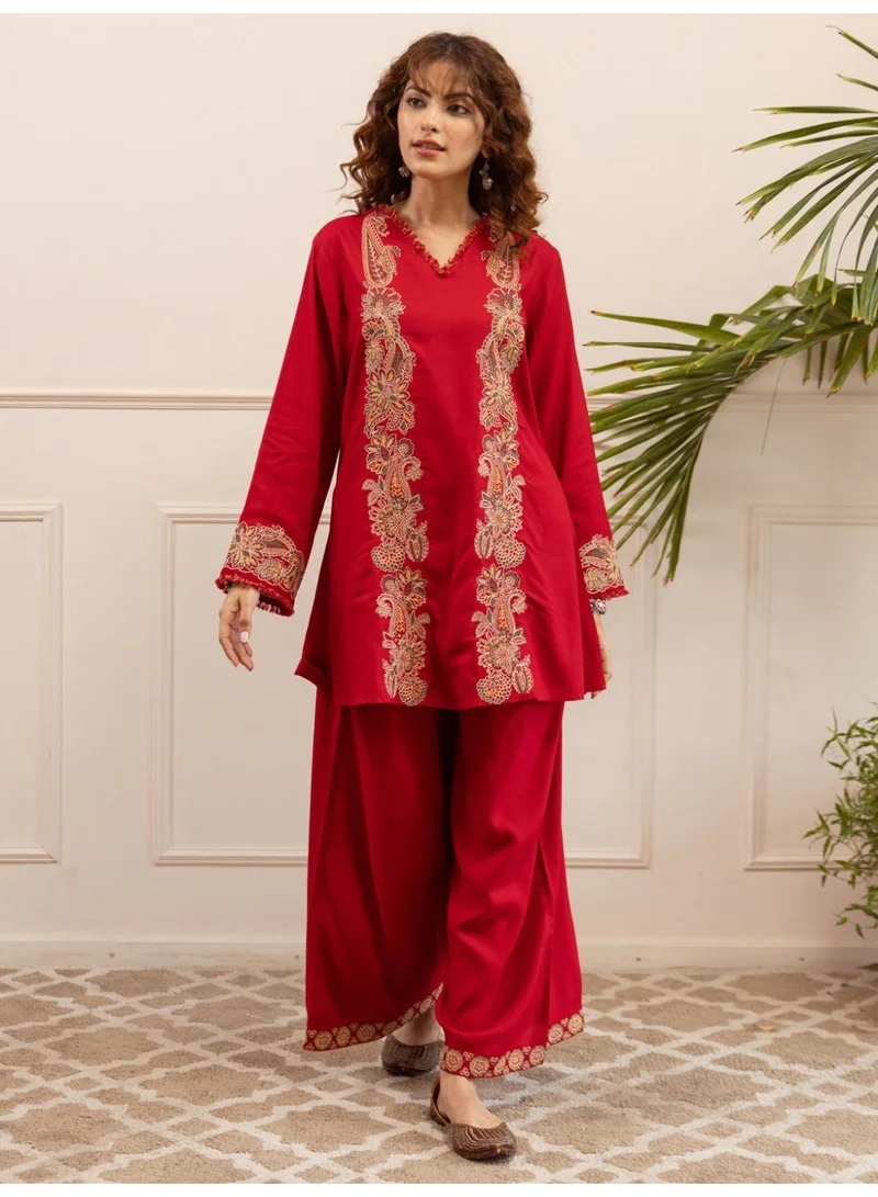 Ameya Red-embroidered-viscose-rayon-a-line-kurta-palazzo-set