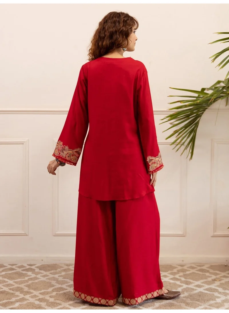 Ameya  Red-embroidered-viscose-rayon-a-line-kurta-palazzo-set for Women | Best Price UAE