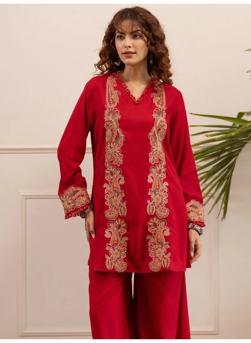 Ameya  Red-embroidered-viscose-rayon-a-line-kurta-palazzo-set for Women | Best Price UAE