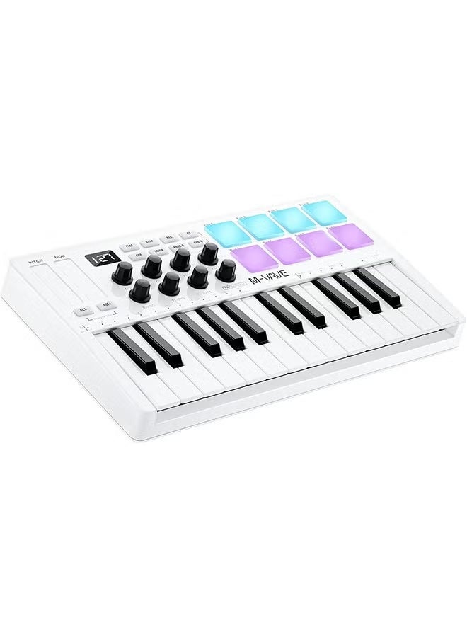 M-WAVE 25 Key USB MIDI Keyboard Controller With 8 Backlit Drum Pads, Bluetooth Semi Weighted Professional dynamic keybed 8 Knobs and Music Production,Software Included (White) - Image 1
