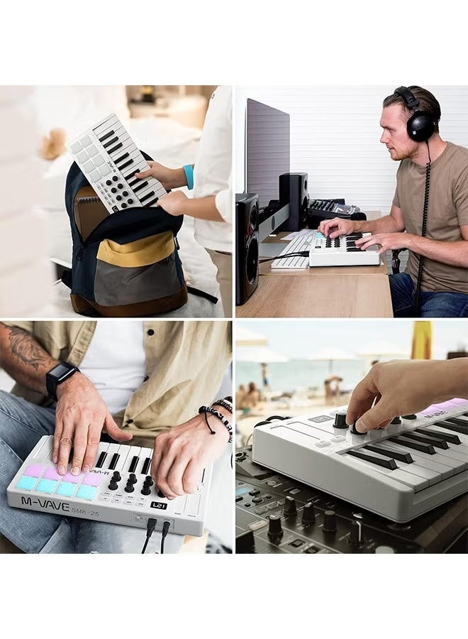 M-WAVE 25 Key USB MIDI Keyboard Controller With 8 Backlit Drum Pads, Bluetooth Semi Weighted Professional dynamic keybed 8 Knobs and Music Production,Software Included (White) - Image 4