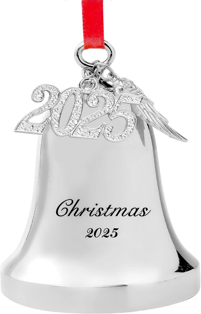 JUPPE 2025 Silver Christmas Bell Ornament, Sleigh Bell Ornament Decoration with Angel Wing & 2025 Charm (Silver-Christmas) - Image 1