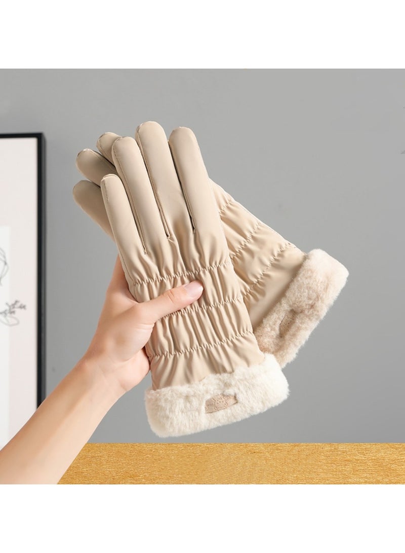 قفازات شتوية دافئة تعمل باللمس سميكة مقاومة للماء لركوب الدراجات قفازات تزلج مخملية مقاومة للرياح باللون البيج - Image 1