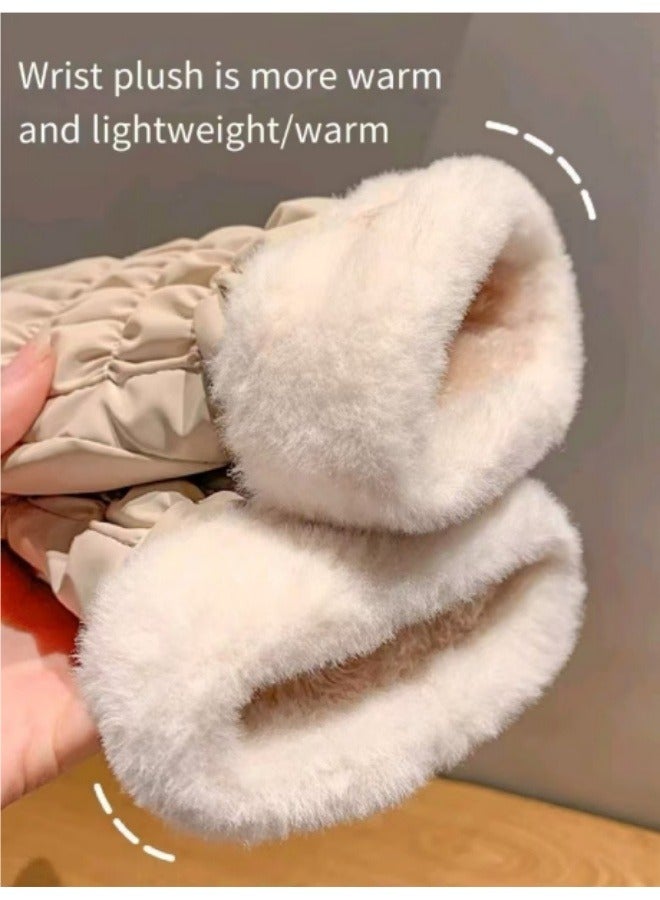 قفازات شتوية دافئة تعمل باللمس سميكة مقاومة للماء لركوب الدراجات قفازات تزلج مخملية مقاومة للرياح باللون البيج - Image 2