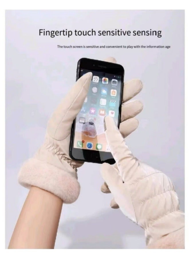 قفازات شتوية دافئة تعمل باللمس سميكة مقاومة للماء لركوب الدراجات قفازات تزلج مخملية مقاومة للرياح باللون البيج - Image 3